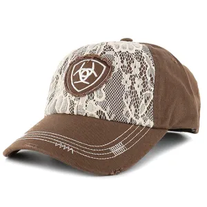 Ariat Womens Adjustable Logo & Lace Overlay Cotton Baseball Cap Brown