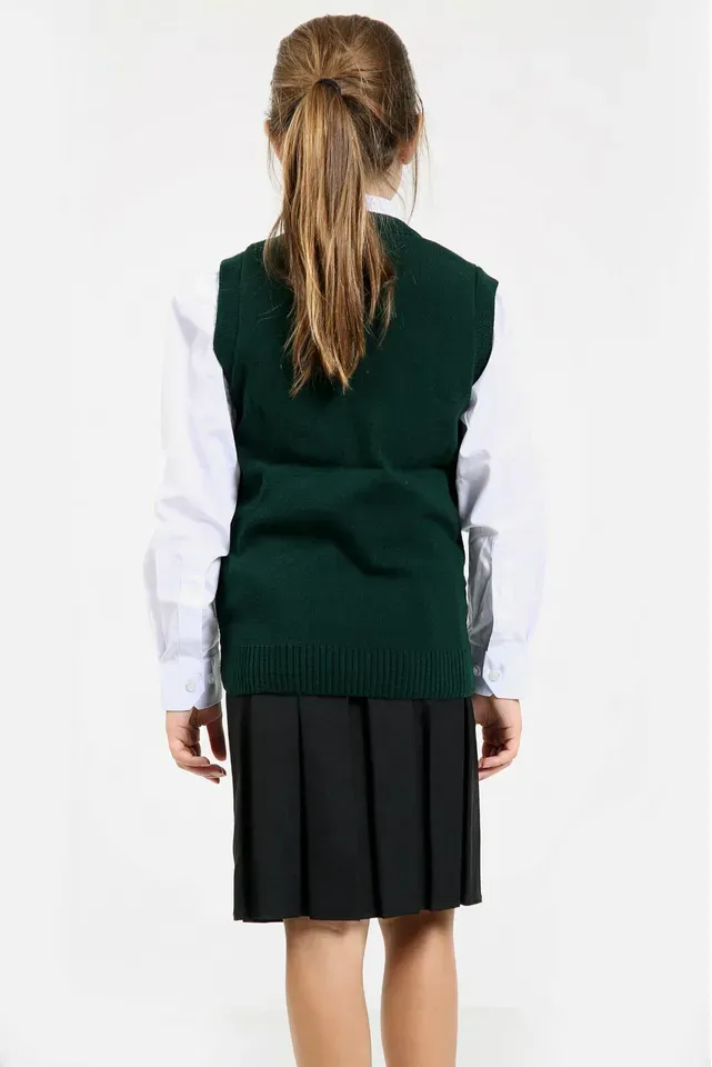 Girls Knitted Tank Top V Neck Sleeveless Jumper School Uniform Smart Comfortable - Green