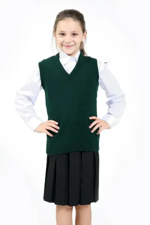 Girls Knitted Tank Top V Neck Sleeveless Jumper School Uniform Smart Comfortable - Green