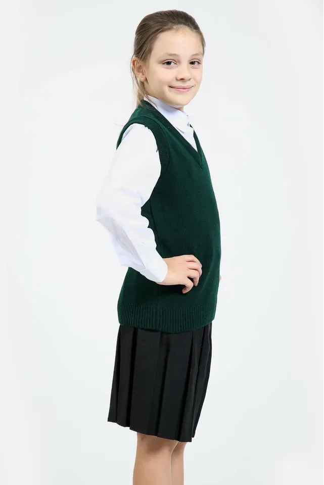 Girls Knitted Tank Top V Neck Sleeveless Jumper School Uniform Smart Comfortable - Green
