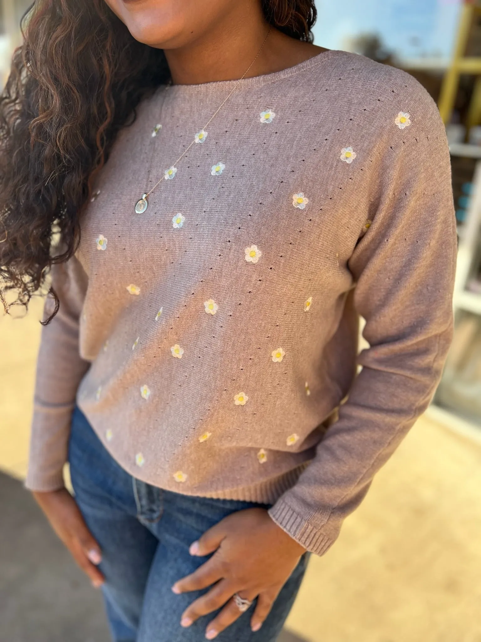 My Own Journey Heather Coco Soft Daisy Fine Gauge Embroidered Sweater