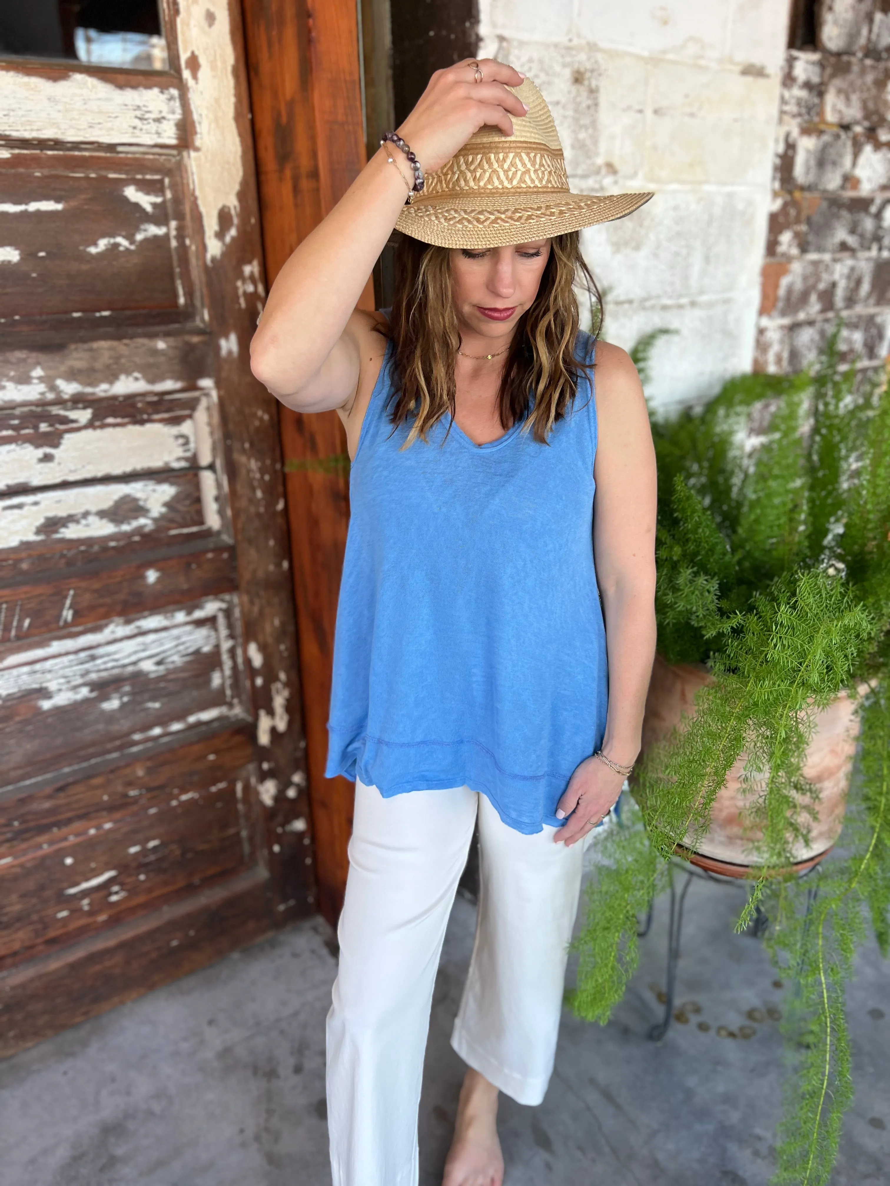 V Neck Hacci Slub Material Swing Tank