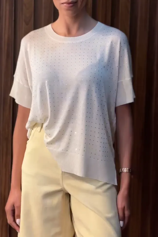 Women's casual comfortable round neck rhinestone short sleeve T-shirt