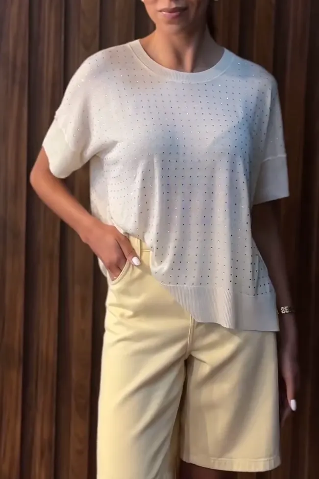 Women's casual comfortable round neck rhinestone short sleeve T-shirt